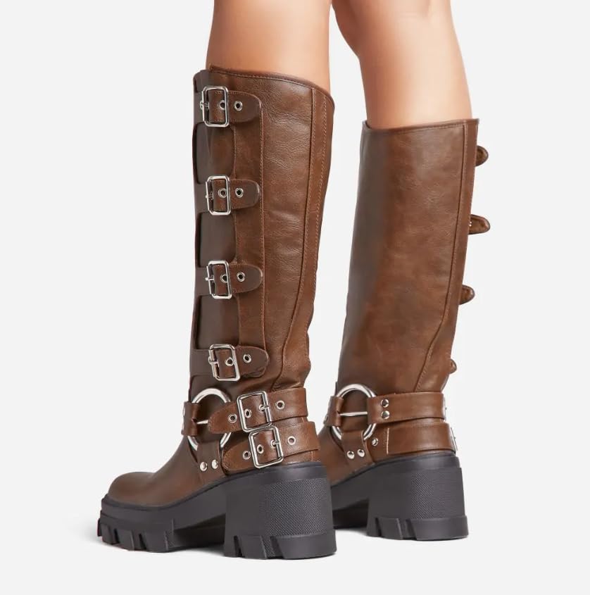 LEMONADE Buckle Up Now Women's Side Buckle Detail Chunky Sole Mid Calf Biker Boot4