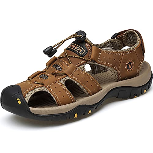Hollow Out Men's Closed Toe Sandals, Fashion Real Leather Hiking Sandals, Large Size Backpacking Beach Shoes