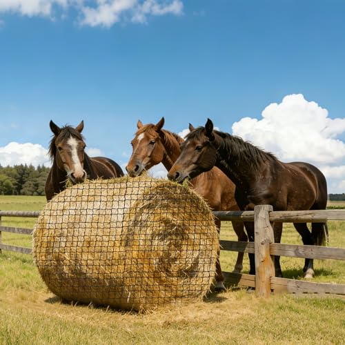 AxleyHub 6x6ft Polyester Round Bale Hay Net Knotless Slow Feed Hay Net with 1 3/4 Holes and 5mm Thick for Round Bales 4x4-6x6/square Bales 3x3x8-4x4x8 with 66ft Repair Rope Weaving Needle Shuttle