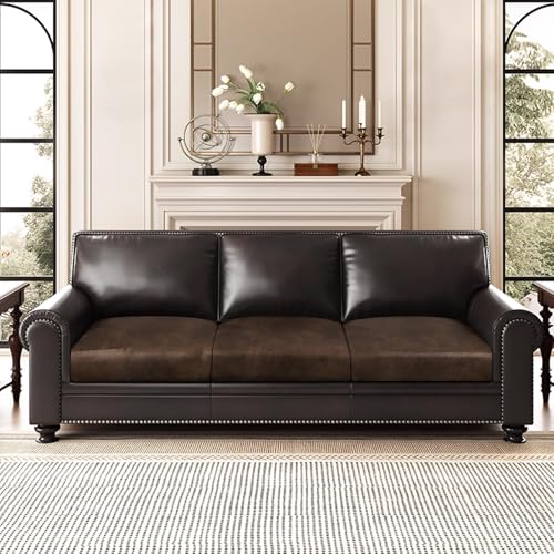 Leather Look Couch Cushion Covers Sofa Seat Slipcovers Sets Couches Furniture Protector for Sectional Armchair Loveseat Pets Kids Stretch Spandex Fabric, Machine Washable (3 Cushion Sofa, Brown)