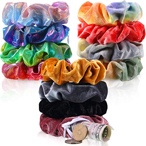 12 Pieces Velvet Hidden Pocket Scrunchies Hair Tie with Zipper Shiny Metallic Scrunchy Hair Band Rainbow Tie Dye Stash Ponytail Holder Hair Accessories for Women Girls Kids
