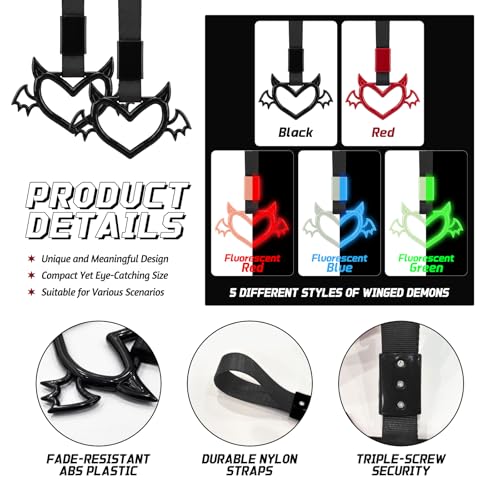 Image of 2 Pcs Devil Heart Shaped Car Handle Strap - JD M Drift Charm Rear Bumper Warning Ring Decor for Car Interior Exterior, Subway Bus Handle Accessory, Cute Heart Car Decor Gift (Black-Wing)