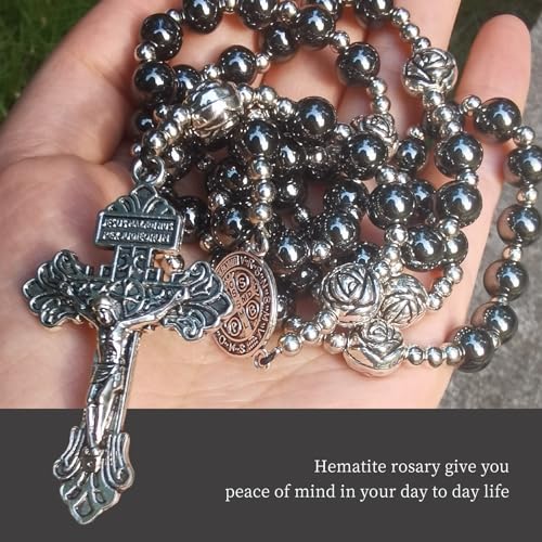 Hematite rosary beads catholic for men,Rosary Necklace for men and women with medal & cross,Rosary black stone beads with stainless steel beads and St.Benedict metal beads.3