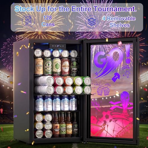 Image of Small Beverage Refrigerator with LED Light Up Door - 128 Can Freestanding Drink Fridge, Mini Beer Cooler with 4 Removable Shelves, Child Safety Lock for Party Bar Gaming Room,World Cup Edition