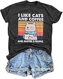 Cat Shirt I Like Cats and Coffee and Maybe 3 People Graphic T-Shirt Vintage Cat Lover Shirts Retro Coffee Lover Gift Tee Tops