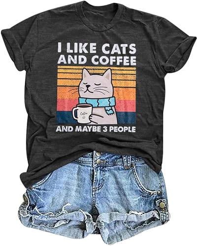 Cat Shirt I Like Cats and Coffee and Maybe 3 People Graphic T-Shirt Vintage Cat Lover Shirts Retro Coffee Lover Gift Tee Tops