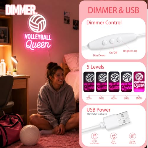 Image of Volleyball Queen Neon Sign, USB Powered Dimmable LED Wall Light for Girls Bedroom, Dorm, Team Room, Volleyball Gifts for Teen Girls