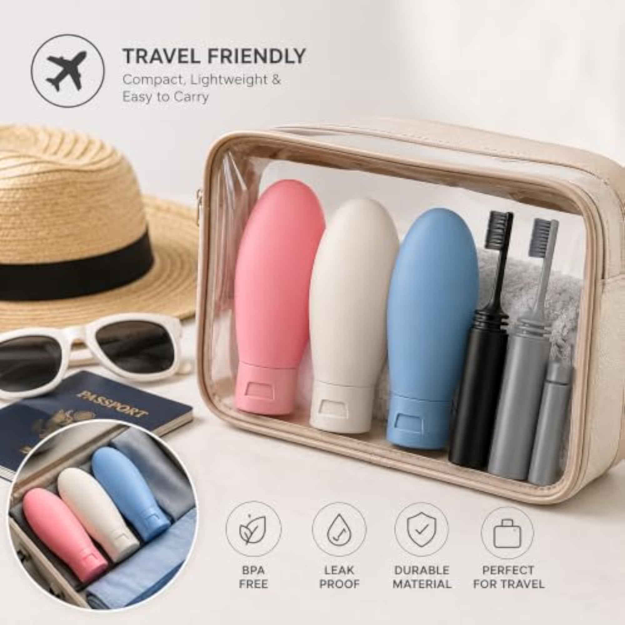 Travel Bottles Set with Foldable Toothbrushes, 5 Piece