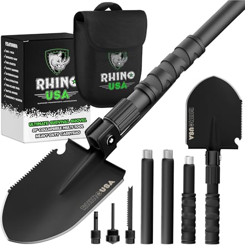 Rhino USA Klappspaten mit Hacke für die Survival Ausrüstung – Klappschaufel aus Karbonstahl für die Outdoor Ausrüstung, Campingausrüstung, als Gartenschaufel, Strandschaufel und Schneeschaufel