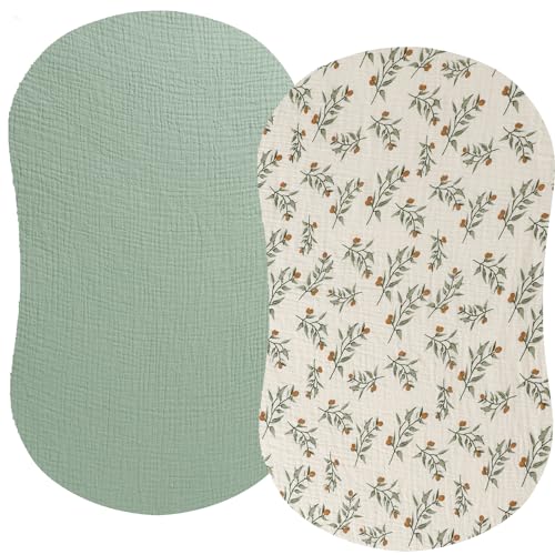 Image of Muslin Bassinet Sheet Compatible with Halo Bassinest Swivel Flex Glide Premiere & Luxe Series Sleeper 2 Pack Cotton Stylish Boho Fitted Bassinet Sheets Super Soft for Baby Roman Green & Botanical Leaf