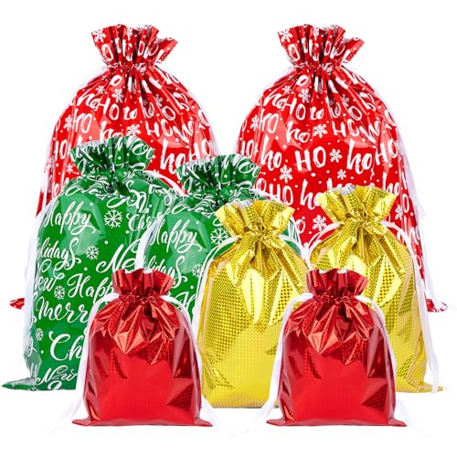 joycraft 20pcs Christmas Drawstring Gift Bags - Assorted Sizes Foil Holiday Drawstring Pouches, Red Green and Gold Gift Wrapping Bags for Toys, Dolls, Candy, DIY Craft