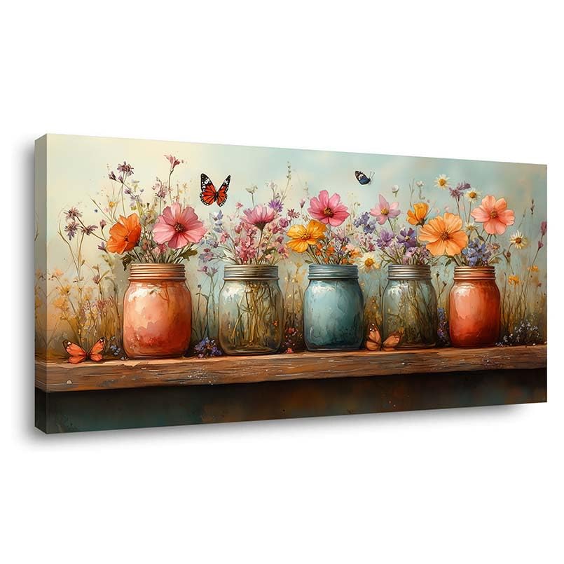 ZESTRILIA Mason Jars with Wildflowers Canvas Wall Art for Living Room Office Rustic Nature Colorful Canvas Artwork Bedroom Dining Entryway Room Decor