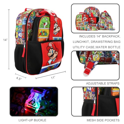 Conjunto de 5 peças de mochila e lancheira Super Mario Brothers, Personagens Super Mario, OSFA, Art