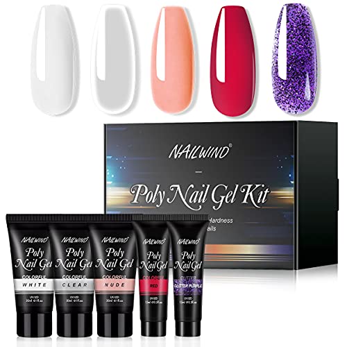 Poly Nail Gel Set, NAILWIND Poly Nail Extension Gel, Clear White Nude Red Purple Poly Nail Gel Colors Set, 5 Colors Poly Nail Builder Enhancement for Art Design, Poly Nail Gel Colors Salon Nail DIY