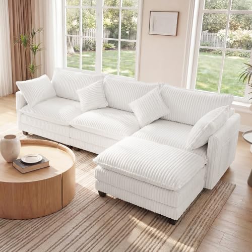 Image of Vesgantti 109 inch L Shaped Cloud Sectional Couch, Comfy Corduroy Upholstered Modular Couches for Living Room, Modern Modular Sectional Sofa with Ottoman Deep Seat, Warm White