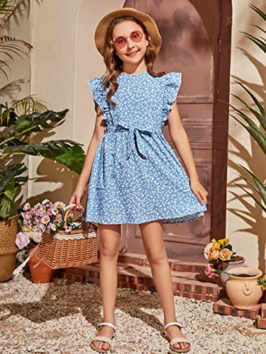 Verdusa Girl's Ditsy Floral Butterfly Sleeve Ruffle Belted Short A Line Dress Blue And White 10Y #TOP5