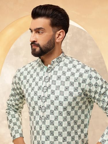Image of SOJANYA (Since 1958 Men's Cotton Rayon Embroidered Sequinned Kurta with White Pyjama