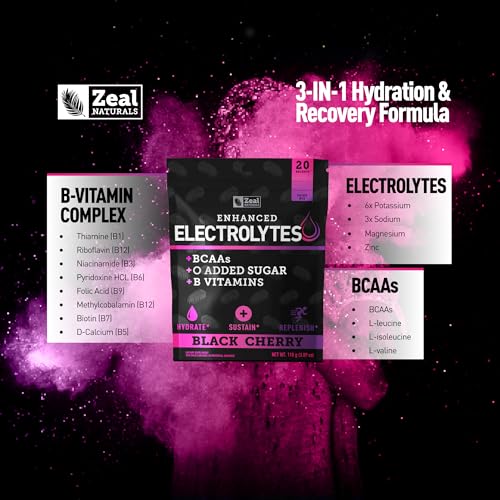 Image of Enhanced Electrolyte Powder Stick Packs (Black Cherry | 20 Packets) w / 0 Sugar +BCAAs +B-Vitamins Electrolyte Supplement w Potassium Zinc & Magnesium for Hydration - Keto Electrolytes