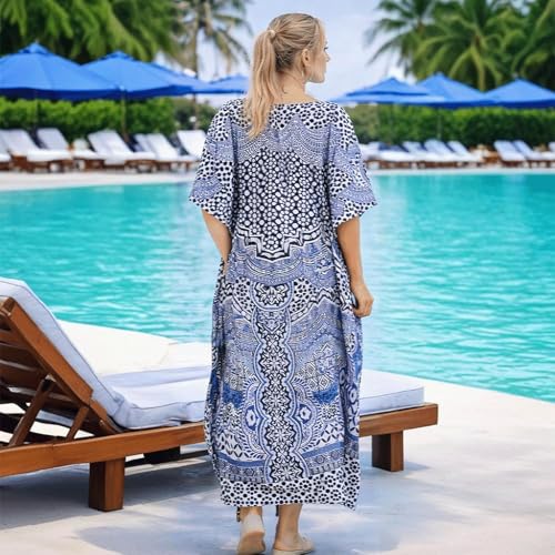 Image of Miss Lavish London Kaftan for Women Dress V Neck Summer Swimsuit Cover Up Blue Caftan Maxi Beach Dress, Plus Size African Kaftan with Batwing Sleeves, Side Slit & Pockets on Both Sides-Blue-2XL