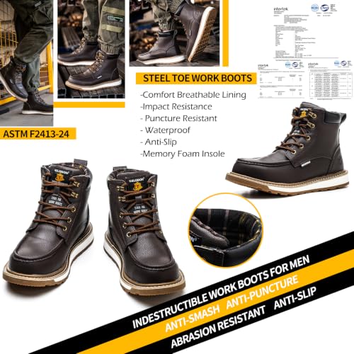 Image of KELODON Waterproof Steel Toe Boots For Men-6 inch Leather Moc Toe Work Boots Mens Steel Toe Shoes Indestructible Non Slip Resistant Construction Safety Boot