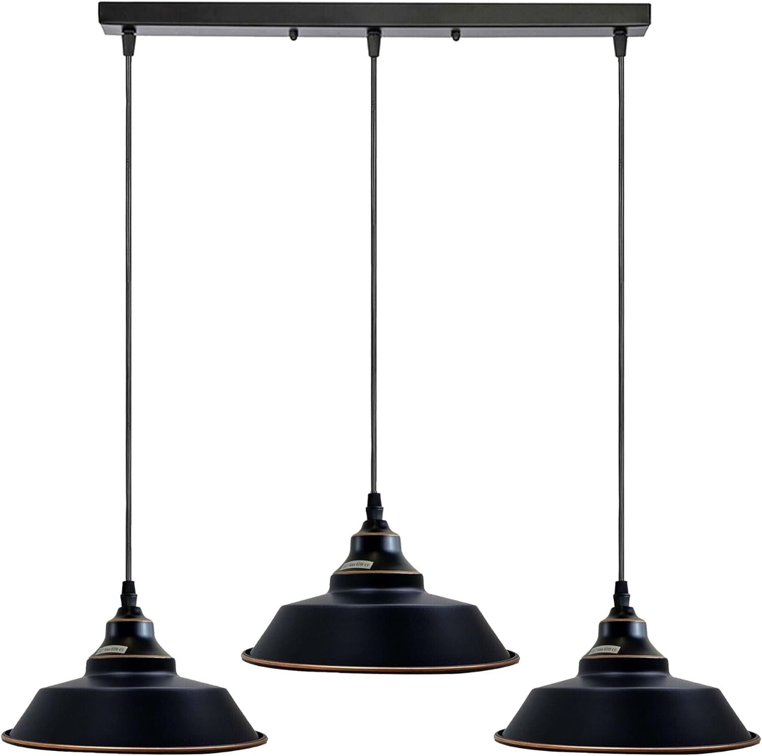LEDSone Vintage 3 Head Industrial Pendant Ceiling Light Metal Shades Black with Gold Line E27 Holder Hanging Lamp with 50cm Ceiling Plate for Kitchen Dining Room