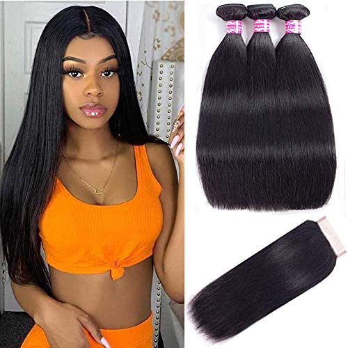 Straight Human Hair Bundles with Closure (12 14 16+12free part) 100% Virgin Human Hair Bundles with Closure Unprocessed Brazilian 100% Human Hair Extensions with Free Part Lace Closure Natural Color