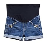 MIAMAMA Women's Maternity Elastic Adjustable Waist Denim Shorts Blue Jeans Button, Large