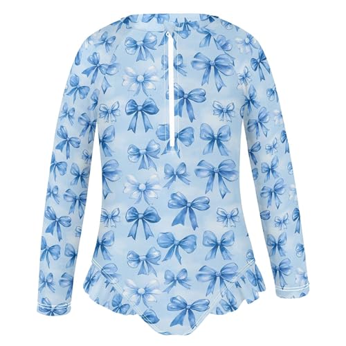 Blue Bows Girls Long Sleeve Rashguard Swimsuit UV Protection One-Piece Swimwear Bathing Suit B04048732