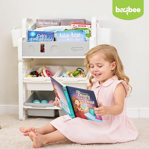 Image of BAYBEE Multipurpose Storage Rack for Kids | Toy Organizer & Bookshelf for Toddlers | Compact Storage Shelf for Toys, Stationery, Art Supplies | Detachable Book Rack with Rounded Corners (Grey)