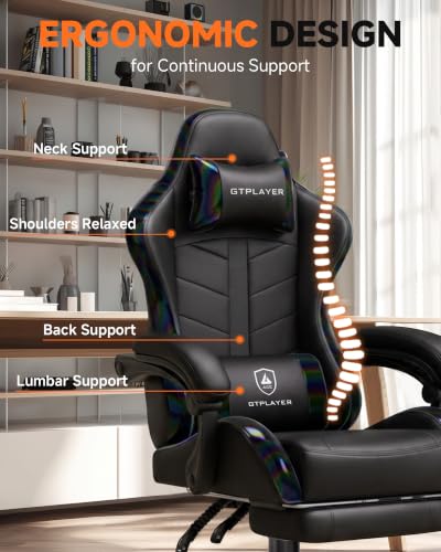 Image of GTPLAYER Gaming Chair for Adults, Computer Chair with Footrest, Black | Ergonomic Video Game Chair with 90-155 Recline, Removable Headrest & Lumbar Support, All-Day Comfort for Home & Office