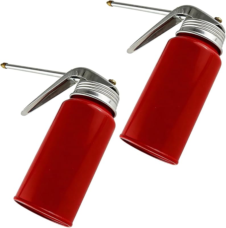 2PCS Oil Can Pump Oiler, 200ml Metal Manual Engine Oil Dispenser with Rigid Spout, Portable Gun Oiler Spray Can, Universal Squirt Can Accessories for Cars, Motorcycles Applications (Red)