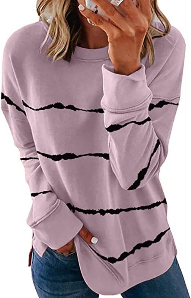 Women Sweatshirt Plus Size Tie-Dye Stripe Crew Neck Long Sleeve Loose Tops Fall Autumn Winter Blouse(A Light Pink,4XL 20)