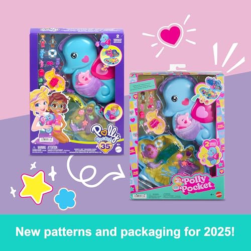 Polly Pocket-Puppen und Spielset mit Tieren und 13 Zubehörteilen, 2-in-1 Daddy and Me Seepferdchenschatulle, tragbare Tasche und Tierspielzeug, mit Shani, HWP03
