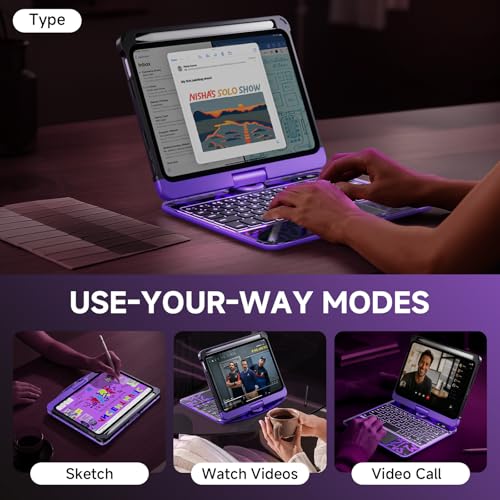 Image of Transparent Case with Keyboard for iPad mini 7 A17 Pro(2024) & Mini 6 (2021) 8.3 inch,7-Color Backlit,Wireless Keyboard, 360Rotating,with trackpad,Pencil Holder,with Shortcuts,Purple