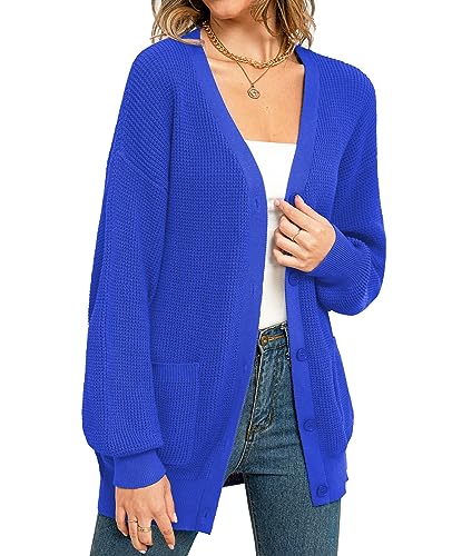 QUALFORT Women's 100% Cotton Cardigan Sweaters for Women Button Down Oversized Knit Outerwear with Pockets Fall Clothes 2025 Royal Blue Medium