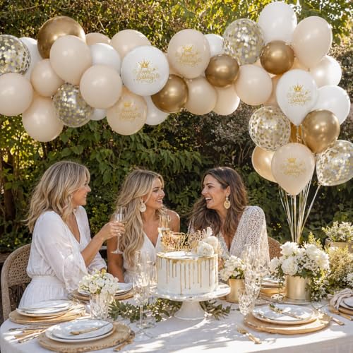 Image of White and Gold Birthday Balloons for Women Girls, Sand White Cream Beige Printed Balloons with Metallic Light Gold Confetti Balloon for Girls Women Boho Neutral Birthday Party Decorations