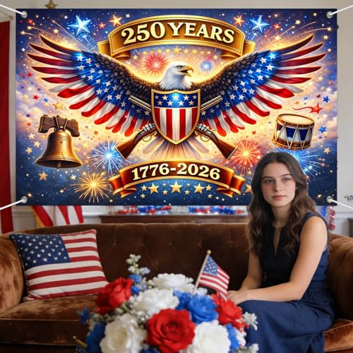 Image of IVN 250th Anniversary Banner 71 x 43 Inch 1776-2026 Patriotic Bald Eagle Stars Stripes Fireworks Photo Booth Backdrop Independence Day Party Decorations Memorial Day Veterans Day Wall Decor