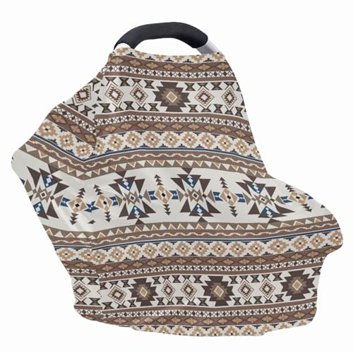 Image of Binienty Light Brown Tribal Geometric Car Seat Cover for Babies, Breathable Breastfeeding Scarf for Moms, Extra Soft and Stretchy Nursing Covers for Boys Girls