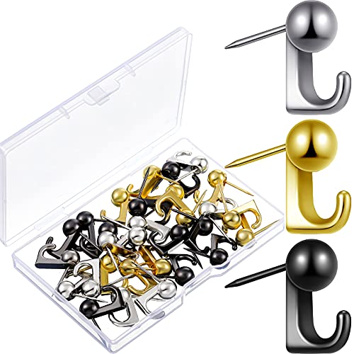 Image of Jetec 30 Pieces Metal Push Pin Hangers Pin Wall Hooks Picture Hanging Picture Nails Frame Oil Painting Hooks on Wooden or Fabric Wall for Home or Office(Gold, Silver, Black)
