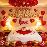 Happy Anniversary Balloons Kit Red Gold Balloon with Heart Shaped, Love Foil Balloons and 1000 Pieces Rose Petals for Anniversary Valentine's Day Proposals Decorations