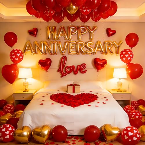 Happy Anniversary Balloons Kit Red Gold Balloon with Heart Shaped, Love Foil Balloons and 1000 Pieces Rose Petals for Anniversary Valentine's Day Proposals Decorations