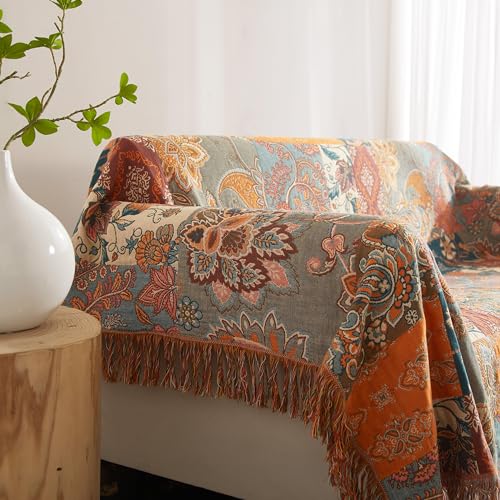 SE SOFTEXLY Boho Decke 100% Baumwolle – Doppelseitige Musselin Tagesdecke 150x200cm, Kuschelige Sofadecke & Bettüberwurf, Aesthetic Design, Ideal für Wohnzimmer & Schlafzimmer, Orange/Grün – Bild 5