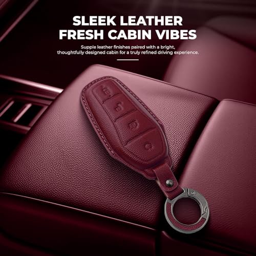 Image of Keyzone Premium Leather Key Cover & AC Vent Car Perfume Combo (4 Fragrances) | Compatible for BYD Seal, Atto3 4 Button Smart Key. (Red)