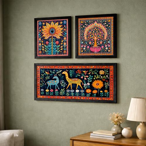Image of NoWorries Madhubani Art Big Wall Paintings For Living Room, Bedroom /Pichwai frames for wall decor - Traditional Indian Art Framed Paintings For Home Decor and Cafe decor / Minimal art framed posters for wall decoration