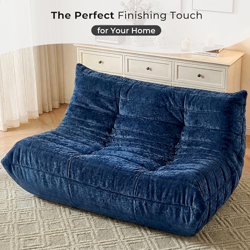 Image of Giant Bean Bag Chairs Loveseat for Adults,2 Seater,Navy Blue | Loveseat Fireside Chair, Memory Foam Lazy Bean Bag Couch for Living Room, Bedroom, Dorm, Office