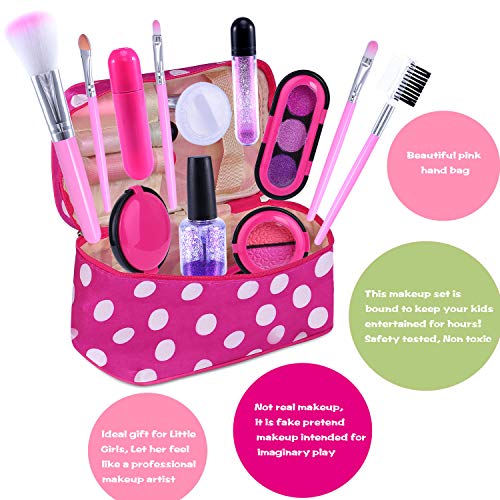 TEPSMIGO Pretend Makeup Kit with Cosmetic Bag for Girls 4-10 Year Old - Including Pink Brushes, Eye Shadows, Lipstick, Nail Polish, Mirrors, Glitter Pot, Puff Pad and More