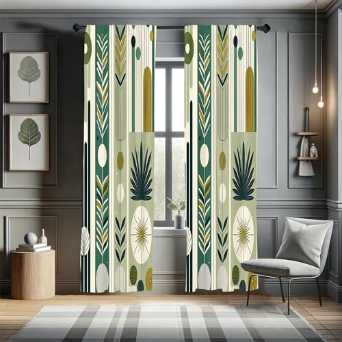 Ambesonne Mid Century Modern Curtains, Abstract Circles Leaves and Stripes