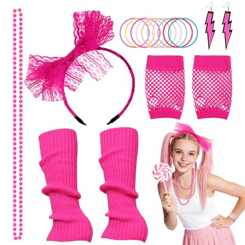 Koxtyzo 80er Jahre Outfit Damen, 90er Jahre Kostüm Kleidung Accessoires mit Stirnband, Beinwärmer, Armbänder, Fischernetzhandschuhe, Halskette und...