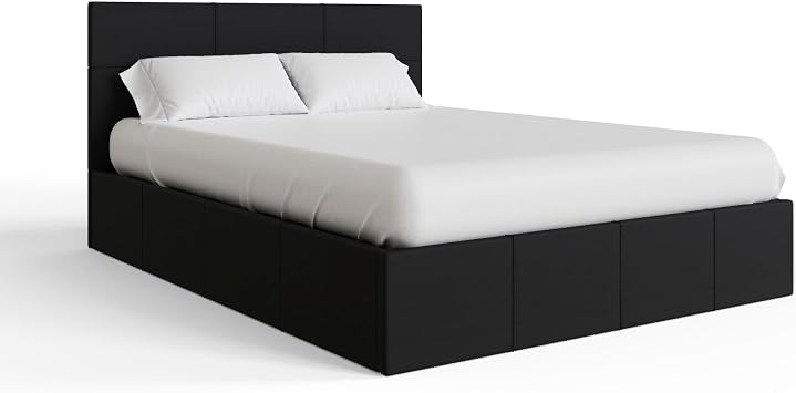GFW Classic Side Lift Small Double Black Faux Leather Ottoman Bed, Storage Bed with Hydraulic Lift and Stitched Headboard