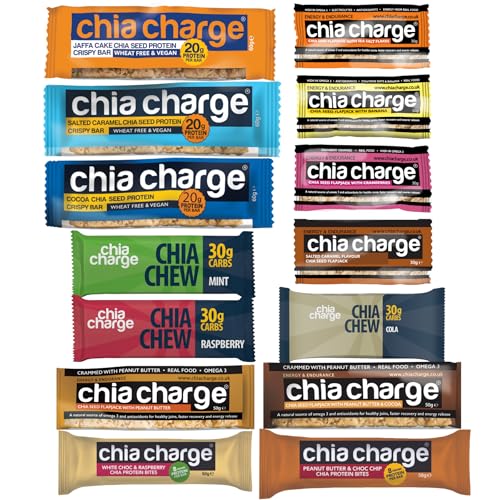 CHIA CHARGE Healthy Snack Protein Bars - Premium Sample Pack - Yorkshire Bakery- 14 of The Best 20g Protein Bars & Energy Packs (Premium Sample Pack - 14 Protein & Energy Packs)